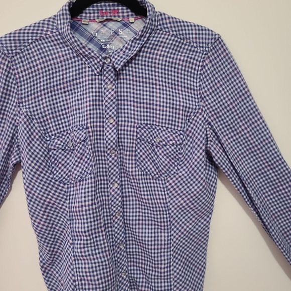  Guess Womens Button Down Shirt Sz L Gingham Check Barbie Western Pink Blue  - Picture 4 of 14